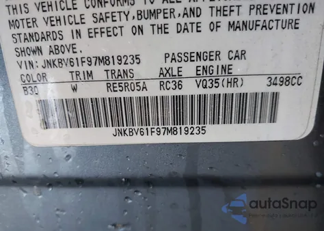 2007 Infiniti G35 z USA, uszkodzony, nr VIN JNKBV61F97M819235